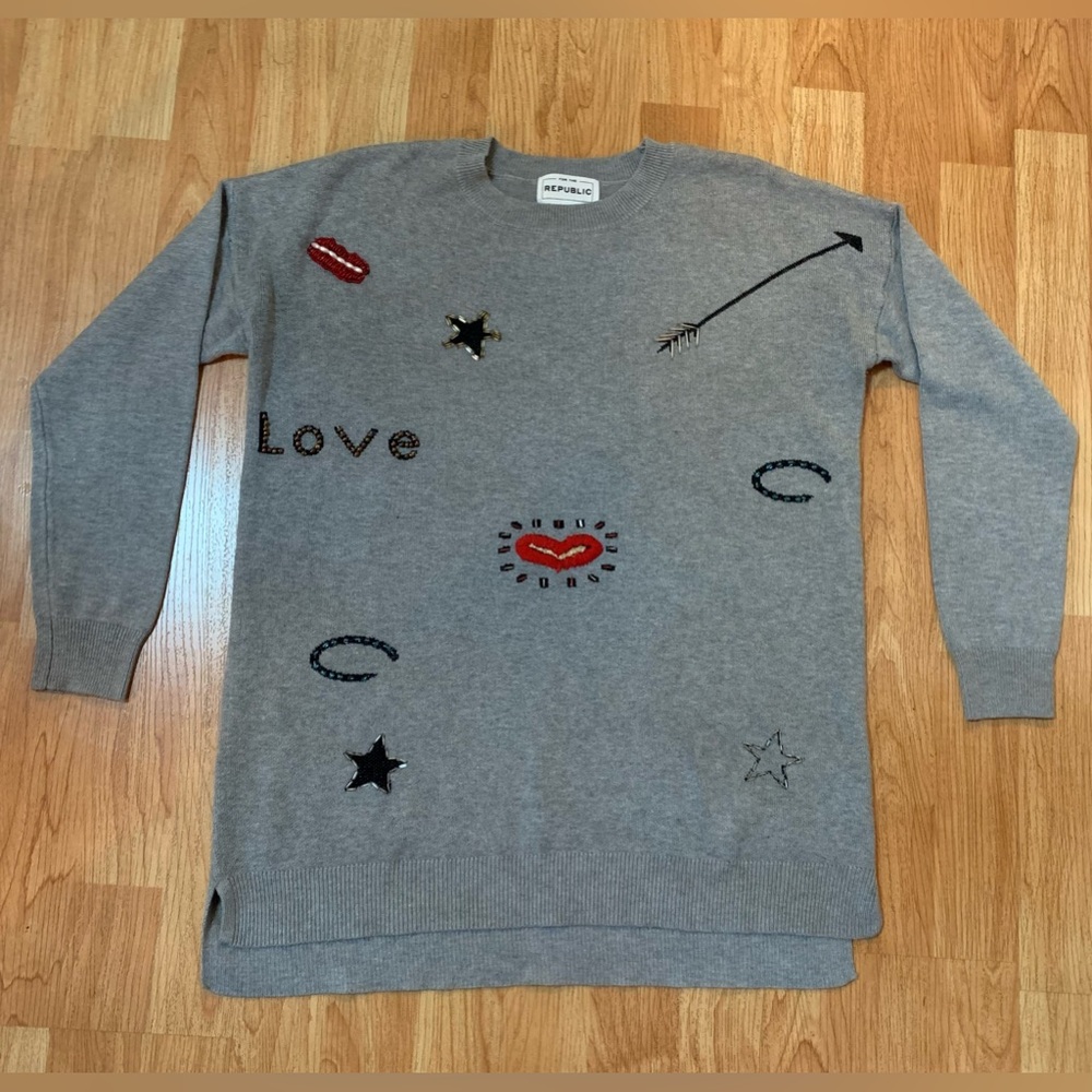 For the Republic Grey Embroidered and Beaded
Sweater